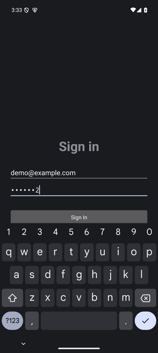 Android screenshot, login-filled: The DemoApp sign-in screen with demo@example.com and a masked password entered.
