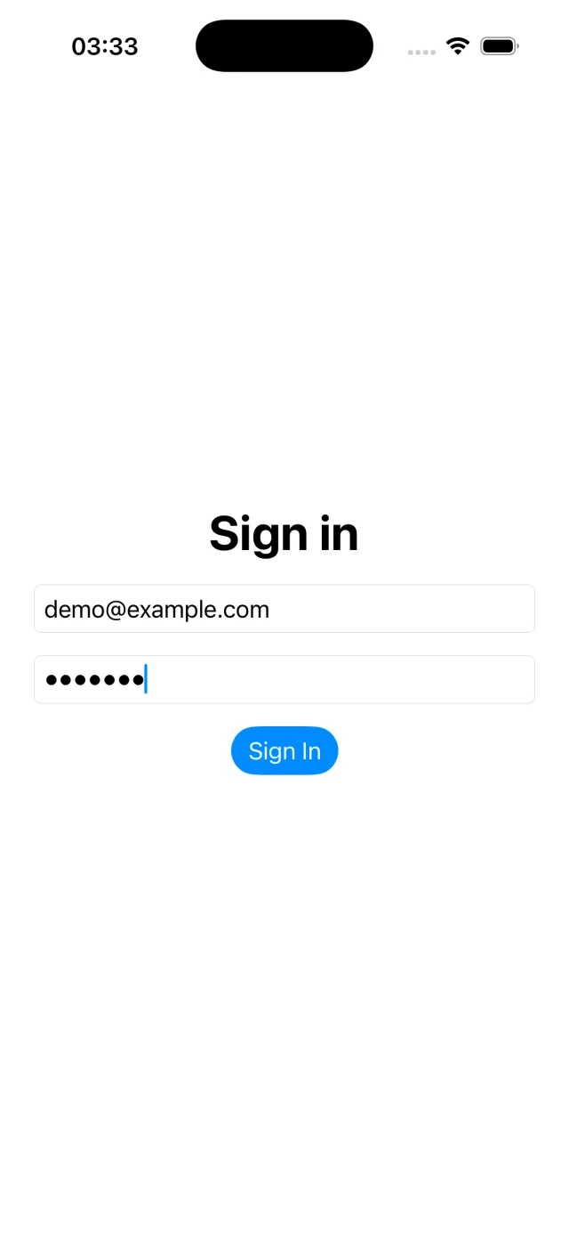 iOS screenshot, login-filled: The DemoApp sign-in screen with demo@example.com and a masked password entered.